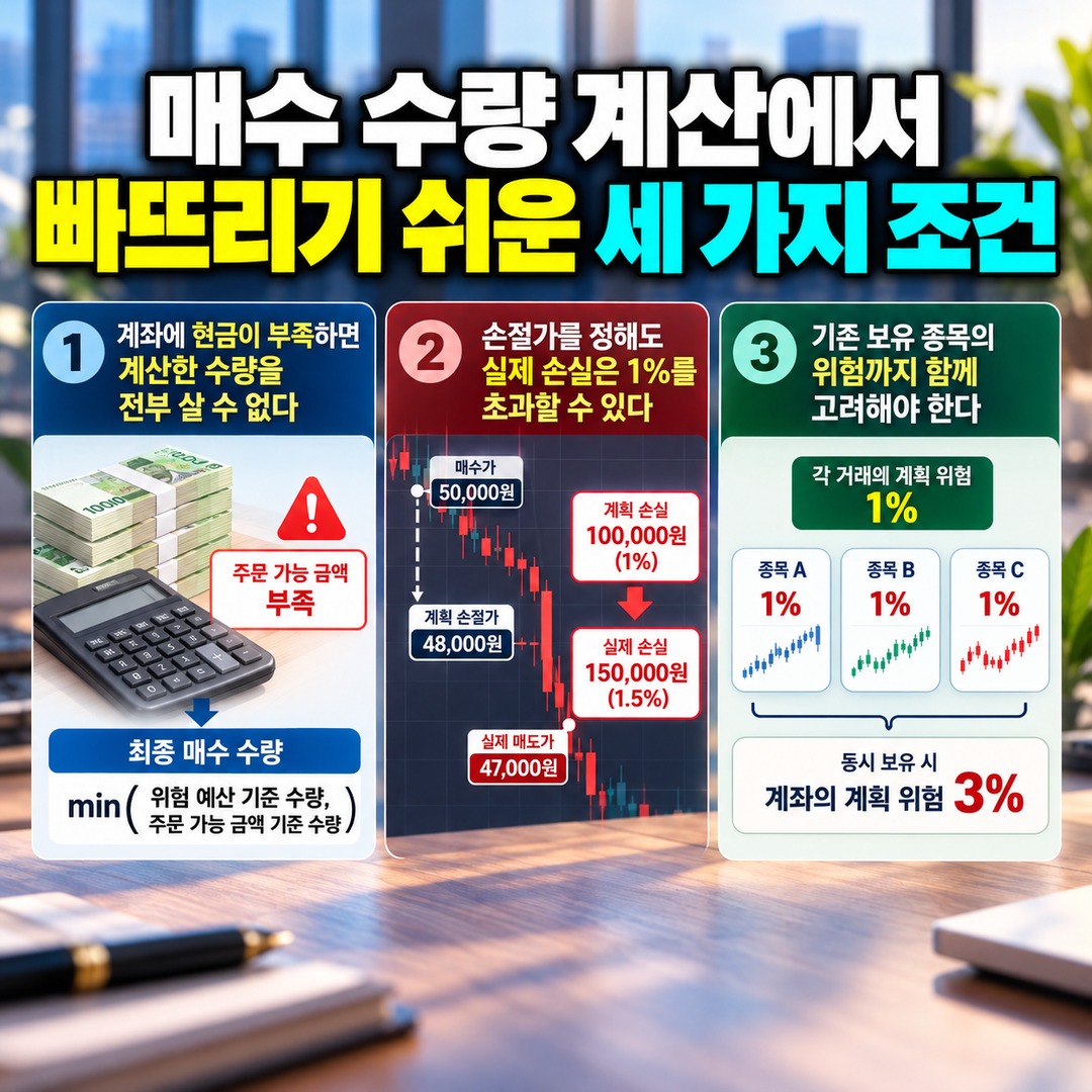 주식 ATR 손절가 계산법, 투자금 1% 손실 기준으로 매수 수량 정하는 방법 - 매수 수량 계산에서 빠뜨리기 쉬운 세 가지 조건 핵심 내용을 정리한 정보형 이미지