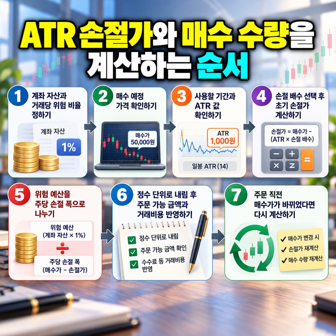 주식 ATR 손절가 계산법, 투자금 1% 손실 기준으로 매수 수량 정하는 방법 - ATR 손절가와 매수 수량을 계산하는 순서 핵심 내용을 정리한 정보형 이미지