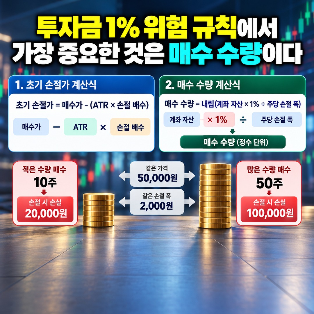 주식 ATR 손절가 계산법, 투자금 1% 손실 기준으로 매수 수량 정하는 방법 - 투자금 1% 위험 규칙에서 가장 중요한 것은 매수 수량이다 핵심 내용을 정리한 정보형 이미지