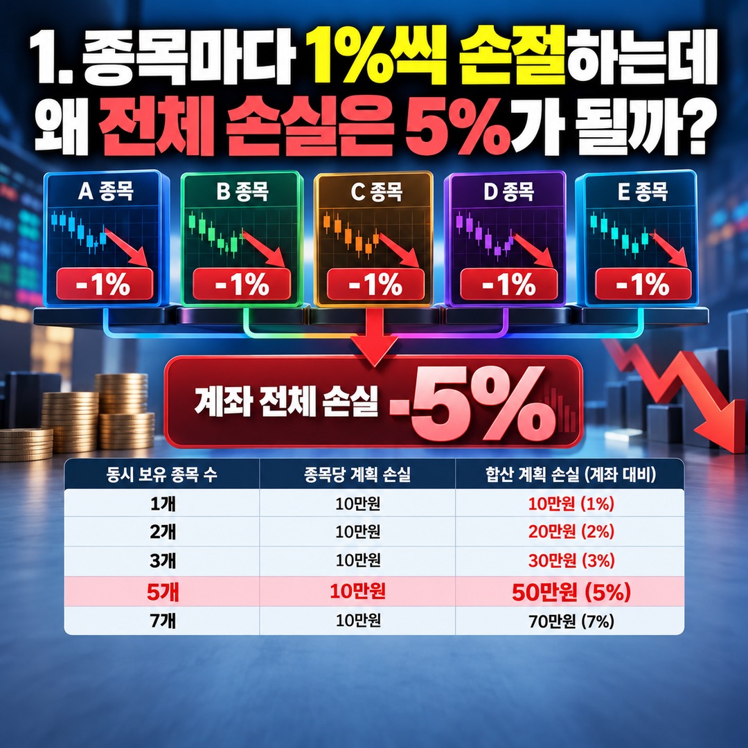 주식 1% 손절 규칙 지켰는데 계좌는 5% 손실? 포트폴리오 히트 계산법 - 1. 종목마다 1%씩 손절하는데 왜 전체 손실은 5%가 될까? 핵심 내용을 정리한 정보형 이미지