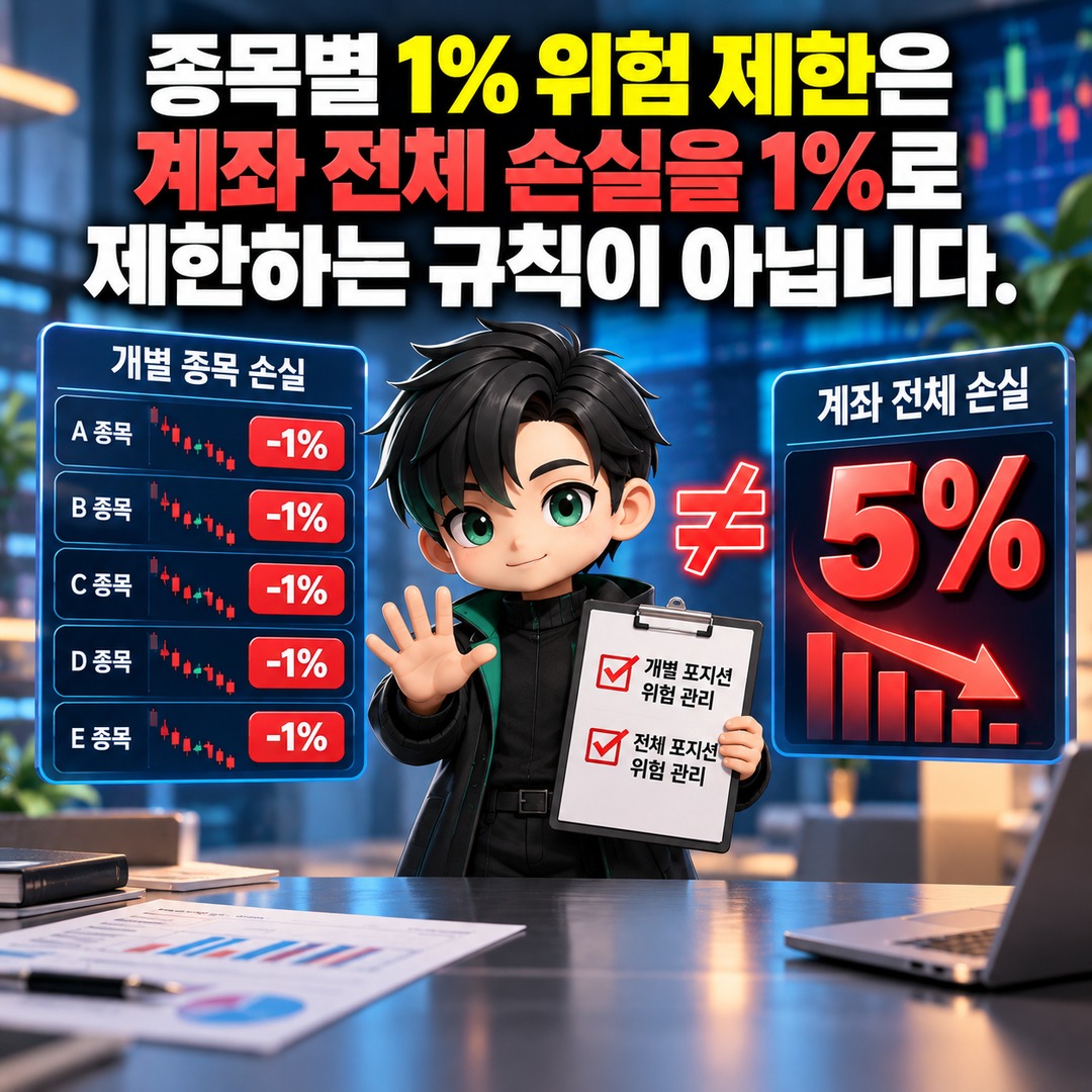 주식 1% 손절 규칙 지켰는데 계좌는 5% 손실? 포트폴리오 히트 계산법 - 종목별 1% 위험 제한은 계좌 전체 손실을 1%로 제한하는 규칙이 아닙니다. 핵심 내용을 정리한 정보형 이미지