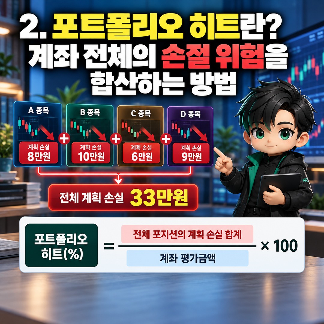 주식 1% 손절 규칙 지켰는데 계좌는 5% 손실? 포트폴리오 히트 계산법 - 2. 포트폴리오 히트란? 계좌 전체의 손절 위험을 합산하는 방법 핵심 내용을 정리한 정보형 이미지