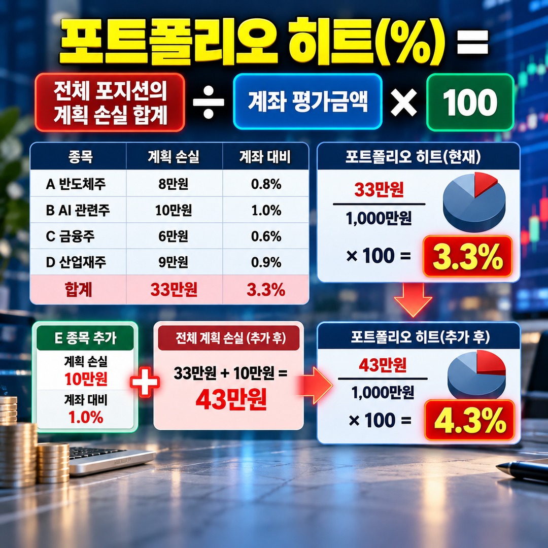 주식 1% 손절 규칙 지켰는데 계좌는 5% 손실? 포트폴리오 히트 계산법 - 포트폴리오 히트(%) = 전체 포지션의 계획 손실 합계 ÷ 계좌 평가금액 × 100 핵심 내용을 정리한 정보형 이미지