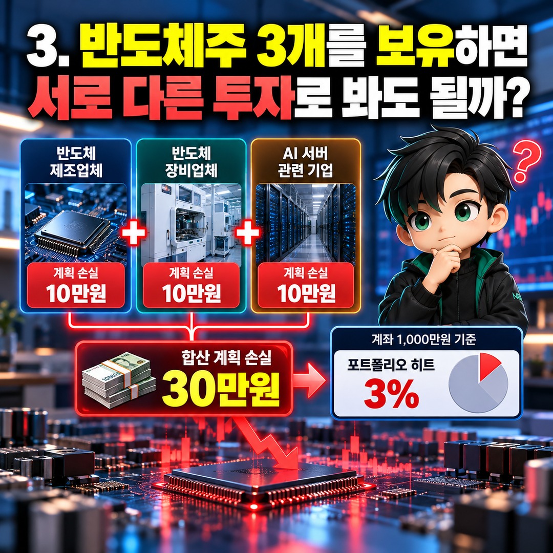 주식 1% 손절 규칙 지켰는데 계좌는 5% 손실? 포트폴리오 히트 계산법 - 3. 반도체주 3개를 보유하면 서로 다른 투자로 봐도 될까? 핵심 내용을 정리한 정보형 이미지