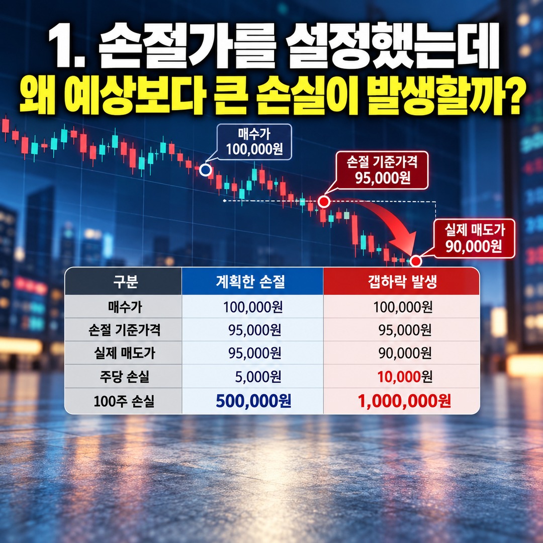 주식 손절가 지켰는데 손실이 1% 넘었다? 갭하락·슬리피지까지 계산하는 방법 - 1. 손절가를 설정했는데 왜 예상보다 큰 손실이 발생할까? 핵심 내용을 정리한 정보형 이미지