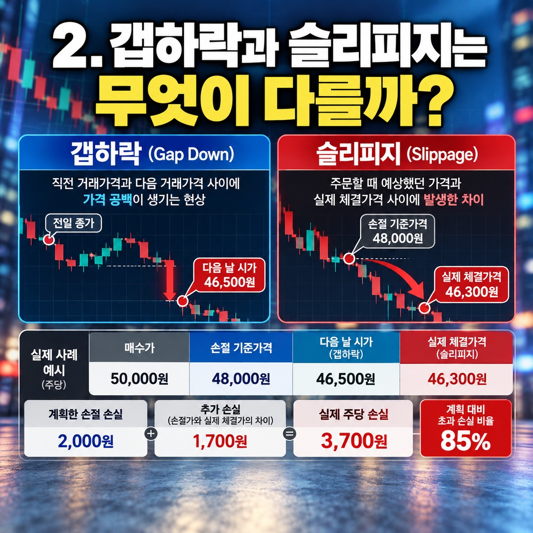 주식 손절가 지켰는데 손실이 1% 넘었다? 갭하락·슬리피지까지 계산하는 방법 - 2. 갭하락과 슬리피지는 무엇이 다를까? 핵심 내용을 정리한 정보형 이미지