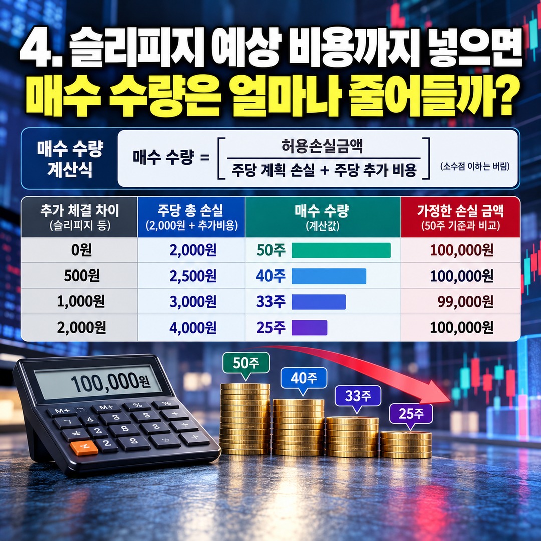 주식 손절가 지켰는데 손실이 1% 넘었다? 갭하락·슬리피지까지 계산하는 방법 - 4. 슬리피지 예상 비용까지 넣으면 매수 수량은 얼마나 줄어들까? 핵심 내용을 정리한 정보형 이미지