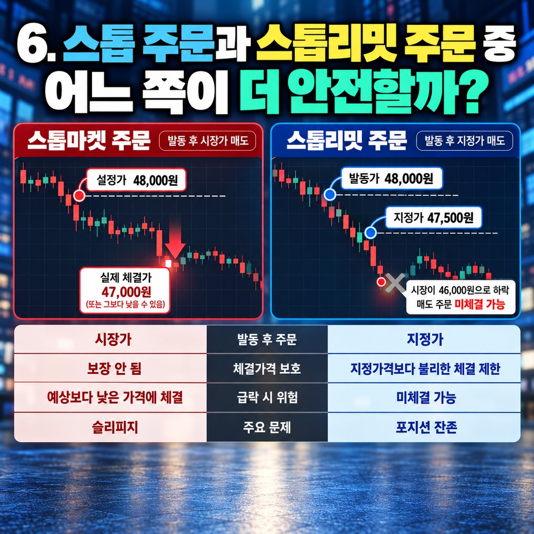 주식 손절가 지켰는데 손실이 1% 넘었다? 갭하락·슬리피지까지 계산하는 방법 - 6. 스톱 주문과 스톱리밋 주문 중 어느 쪽이 더 안전할까? 핵심 내용을 정리한 정보형 이미지