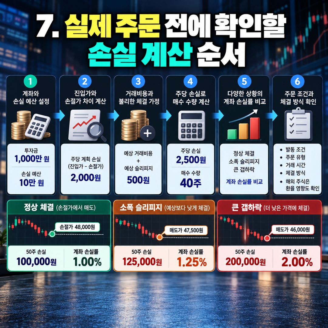 주식 손절가 지켰는데 손실이 1% 넘었다? 갭하락·슬리피지까지 계산하는 방법 - 7. 실제 주문 전에 확인할 손실 계산 순서 핵심 내용을 정리한 정보형 이미지