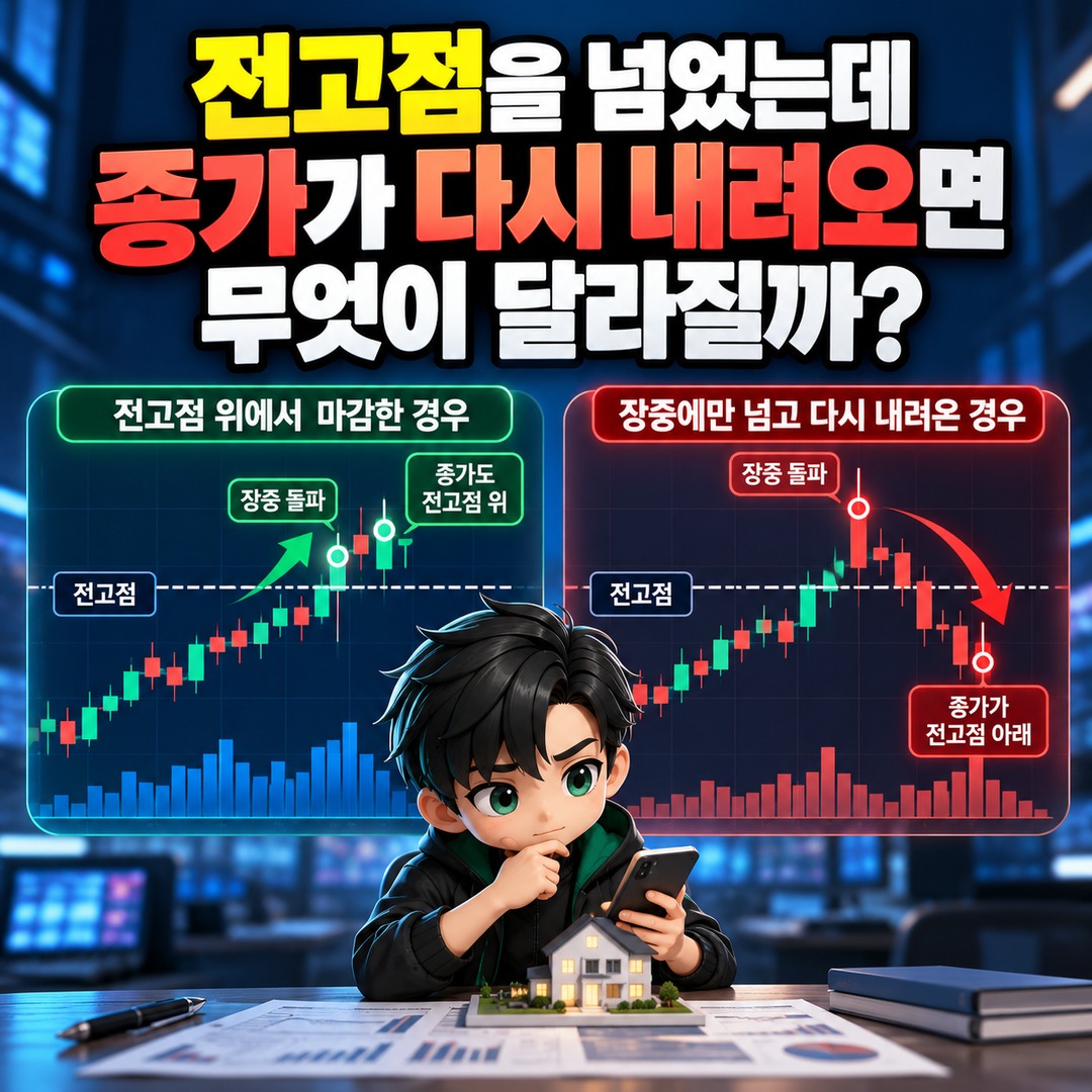 Informational thumbnail explaining why a stock can fall after trading volume doubles and the price breaks its previous high, highlighting the importance of the closing price