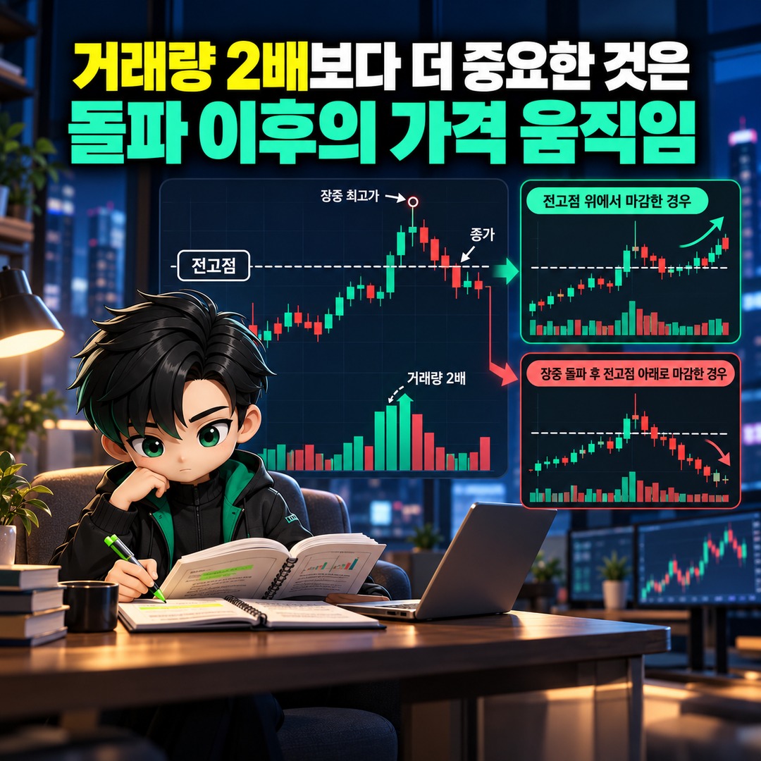 Informational thumbnail explaining why a stock can fall after trading volume doubles and the price breaks its previous high, highlighting the importance of the closing price