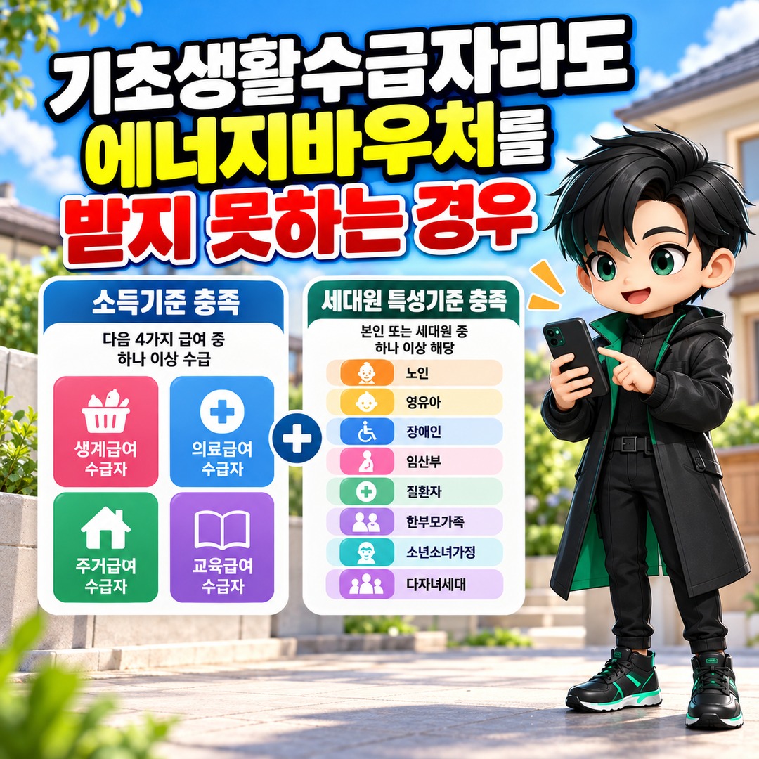 2026년 에너지바우처 기초생활수급자도 조건 확인 필수, 최대 70만 1300원 받는 기준 - 기초생활수급자라도 에너지바우처를 받지 못하는 경우 핵심 내용을 정리한 정보형 이미지