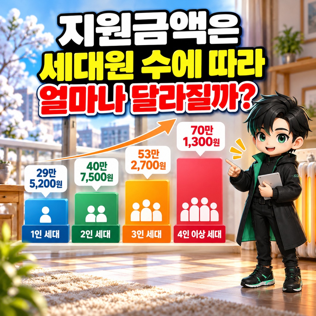 2026년 에너지바우처 기초생활수급자도 조건 확인 필수, 최대 70만 1300원 받는 기준 - 지원금액은 세대원 수에 따라 얼마나 달라질까? 핵심 내용을 정리한 정보형 이미지