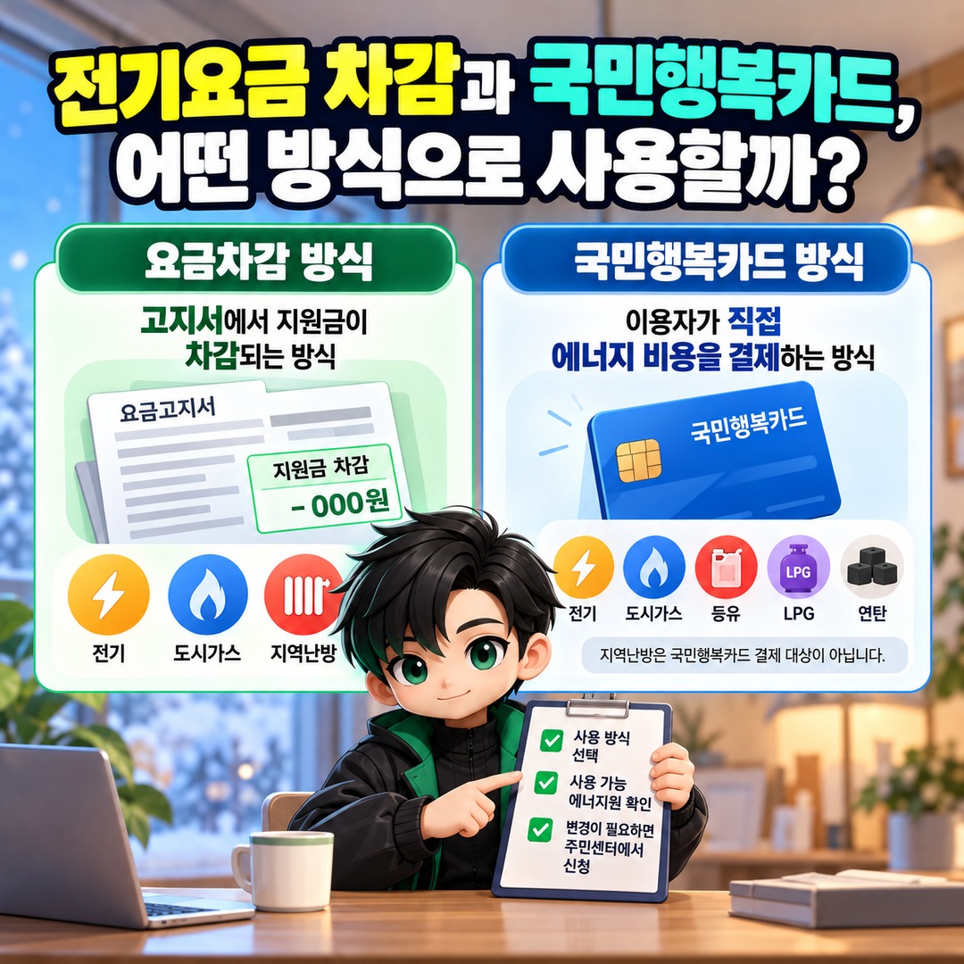 2026년 에너지바우처 기초생활수급자도 조건 확인 필수, 최대 70만 1300원 받는 기준 - 전기요금 차감과 국민행복카드, 어떤 방식으로 사용할까? 핵심 내용을 정리한 정보형 이미지