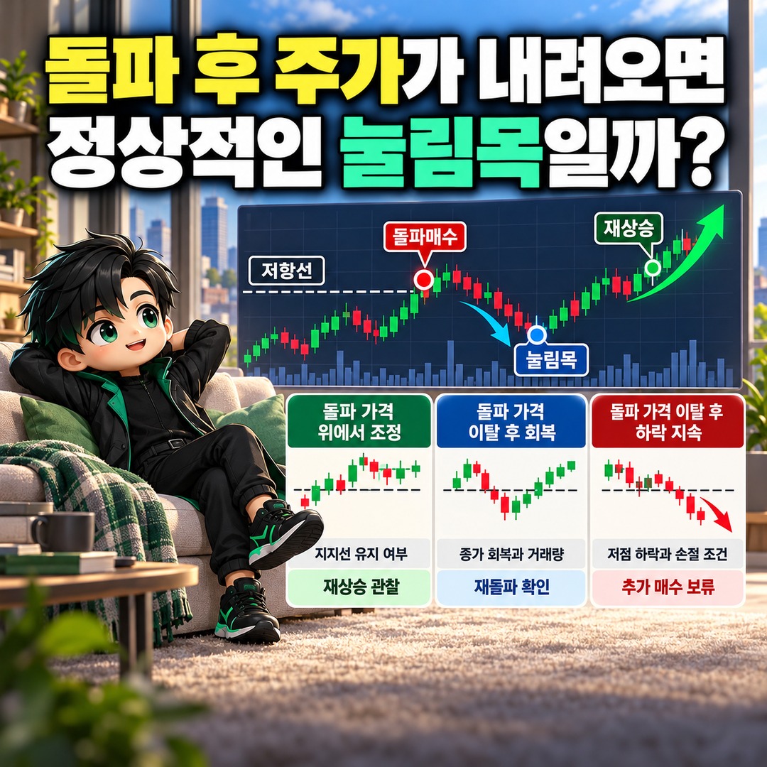 주식 돌파매수 후 눌림목 추가매수, 재돌파 확인보다 먼저 계산할 손절·익절 기준 - 돌파 후 주가가 내려오면 정상적인 눌림목일까? 핵심 내용을 정리한 정보형 이미지