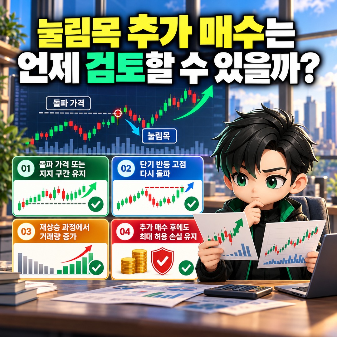 주식 돌파매수 후 눌림목 추가매수, 재돌파 확인보다 먼저 계산할 손절·익절 기준 - 눌림목 추가 매수는 언제 검토할 수 있을까? 핵심 내용을 정리한 정보형 이미지