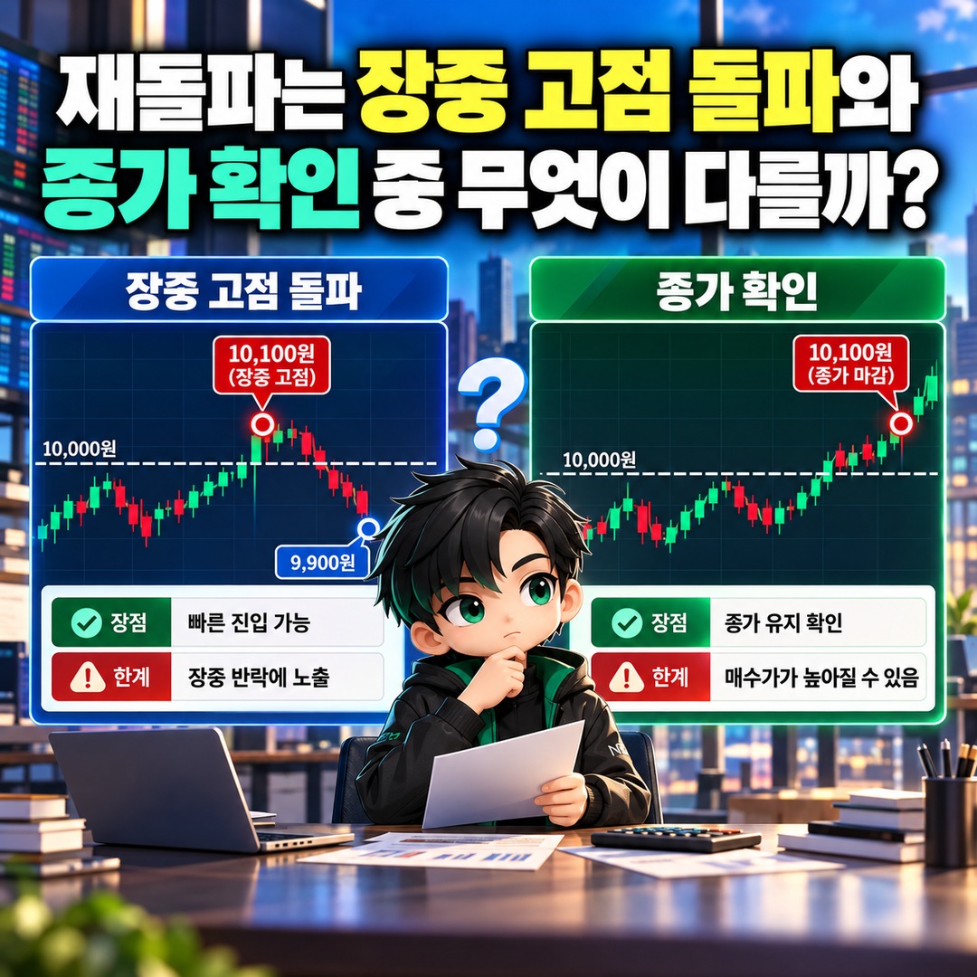 주식 돌파매수 후 눌림목 추가매수, 재돌파 확인보다 먼저 계산할 손절·익절 기준 - 재돌파는 장중 고점 돌파와 종가 확인 중 무엇이 다를까? 핵심 내용을 정리한 정보형 이미지