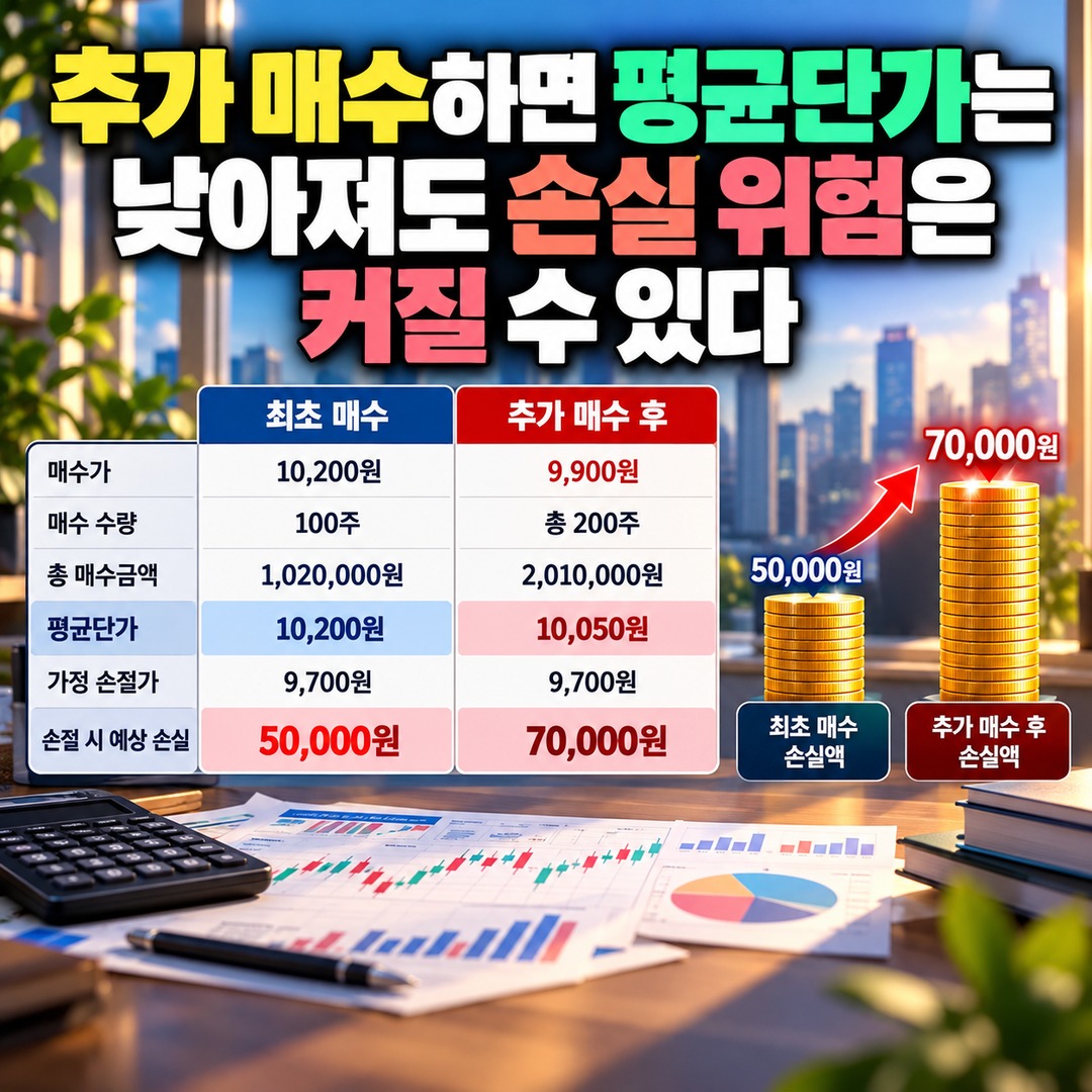 주식 돌파매수 후 눌림목 추가매수, 재돌파 확인보다 먼저 계산할 손절·익절 기준 - 추가 매수하면 평균단가는 낮아져도 손실 위험은 커질 수 있다 핵심 내용을 정리한 정보형 이미지