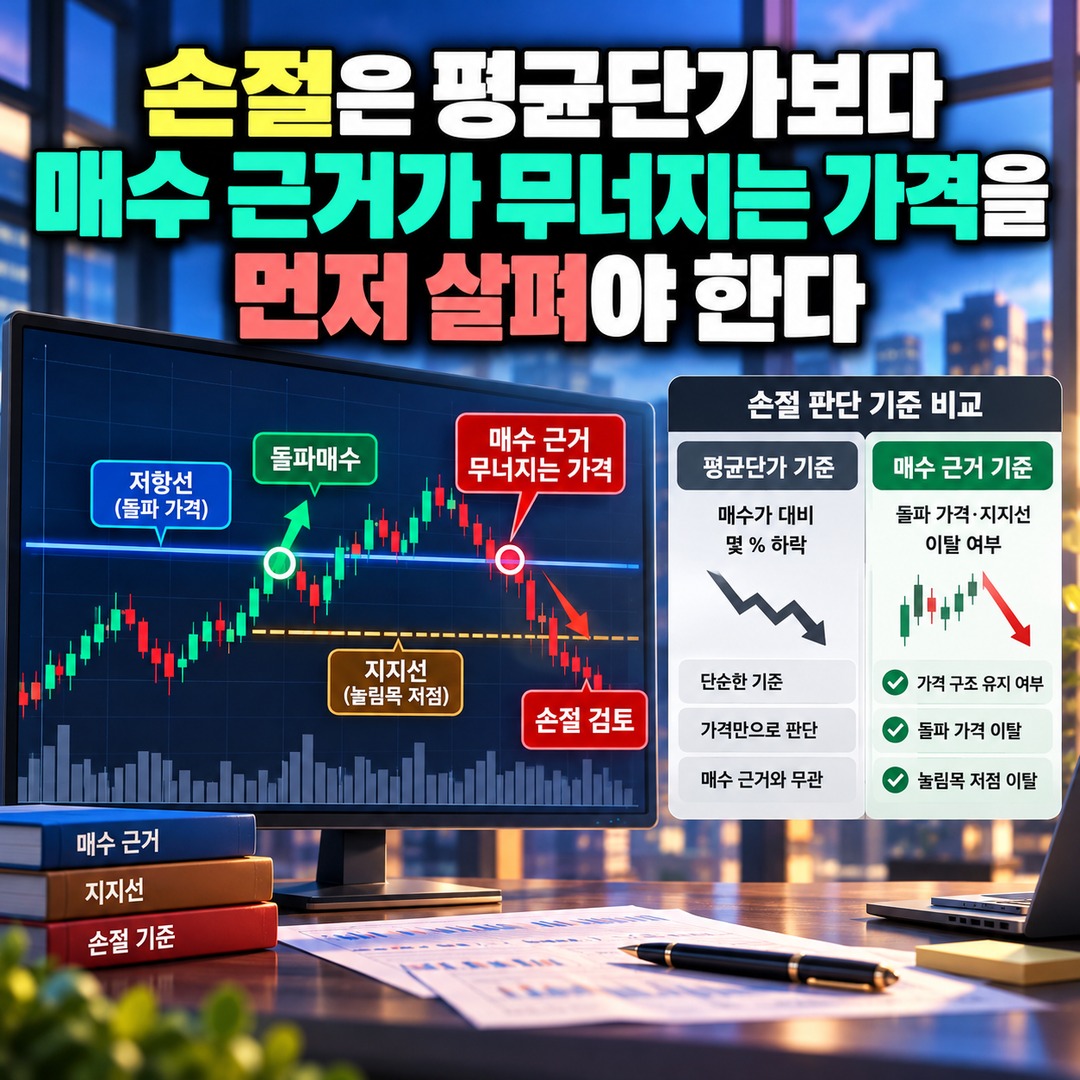 주식 돌파매수 후 눌림목 추가매수, 재돌파 확인보다 먼저 계산할 손절·익절 기준 - 손절은 평균단가보다 매수 근거가 무너지는 가격을 먼저 살펴야 한다 핵심 내용을 정리한 정보형 이미지