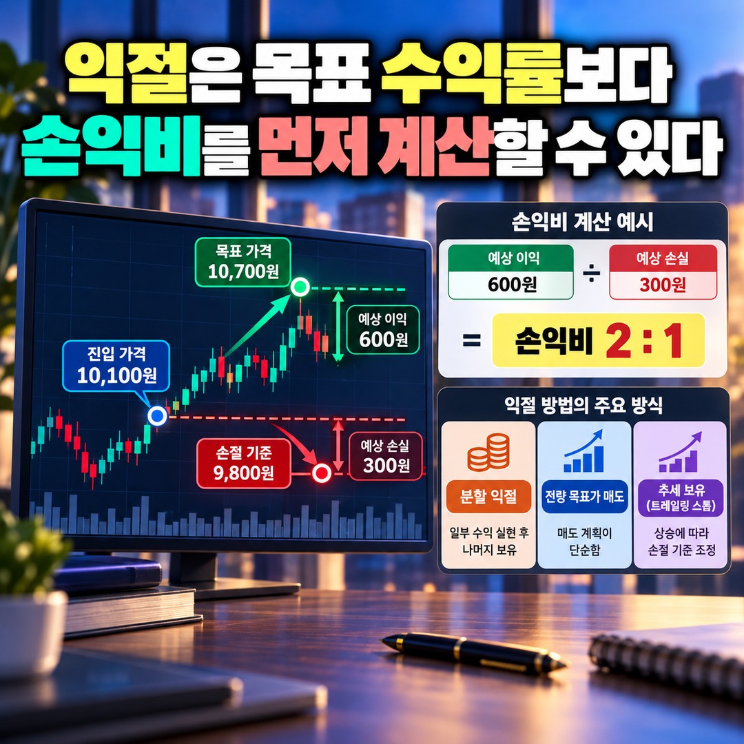 주식 돌파매수 후 눌림목 추가매수, 재돌파 확인보다 먼저 계산할 손절·익절 기준 - 익절은 목표 수익률보다 손익비를 먼저 계산할 수 있다 핵심 내용을 정리한 정보형 이미지
