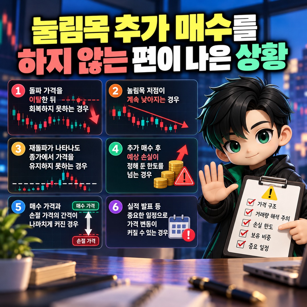 주식 돌파매수 후 눌림목 추가매수, 재돌파 확인보다 먼저 계산할 손절·익절 기준 - 눌림목 추가 매수를 하지 않는 편이 나은 상황 핵심 내용을 정리한 정보형 이미지