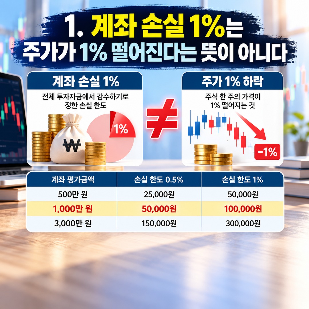 주식 추가매수 몇 주까지 가능할까? 계좌 손실 1% 기준으로 매수 수량 계산하는 방법 - 1. 계좌 손실 1%는 주가가 1% 떨어진다는 뜻이 아니다 핵심 내용을 정리한 정보형 이미지