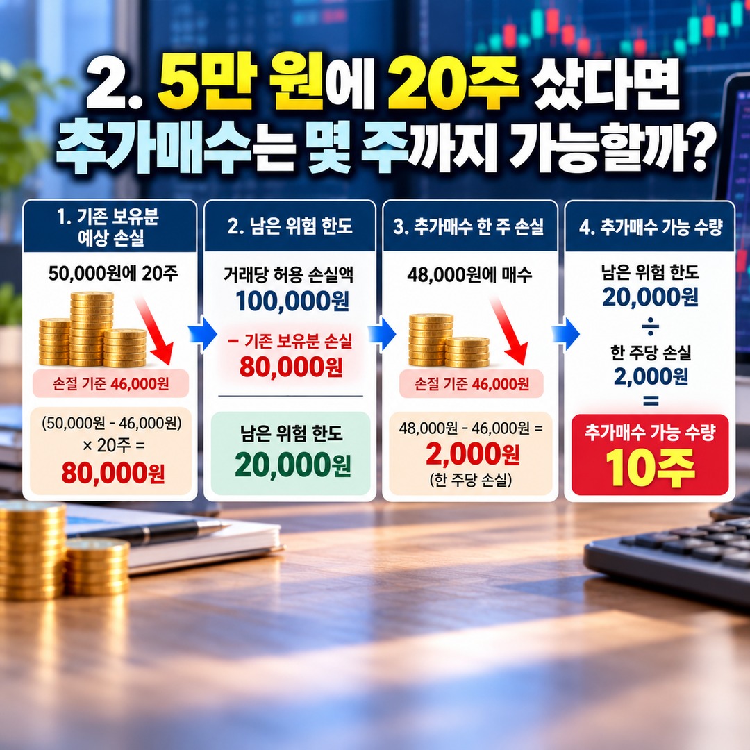 주식 추가매수 몇 주까지 가능할까? 계좌 손실 1% 기준으로 매수 수량 계산하는 방법 - 2. 5만 원에 20주 샀다면 추가매수는 몇 주까지 가능할까? 핵심 내용을 정리한 정보형 이미지