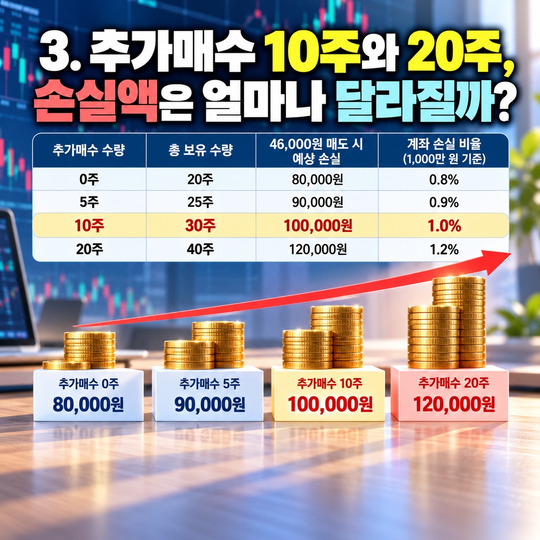 주식 추가매수 몇 주까지 가능할까? 계좌 손실 1% 기준으로 매수 수량 계산하는 방법 - 3. 추가매수 10주와 20주, 손실액은 얼마나 달라질까? 핵심 내용을 정리한 정보형 이미지