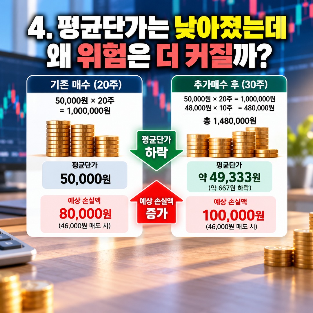 주식 추가매수 몇 주까지 가능할까? 계좌 손실 1% 기준으로 매수 수량 계산하는 방법 - 4. 평균단가는 낮아졌는데 왜 위험은 더 커질까? 핵심 내용을 정리한 정보형 이미지