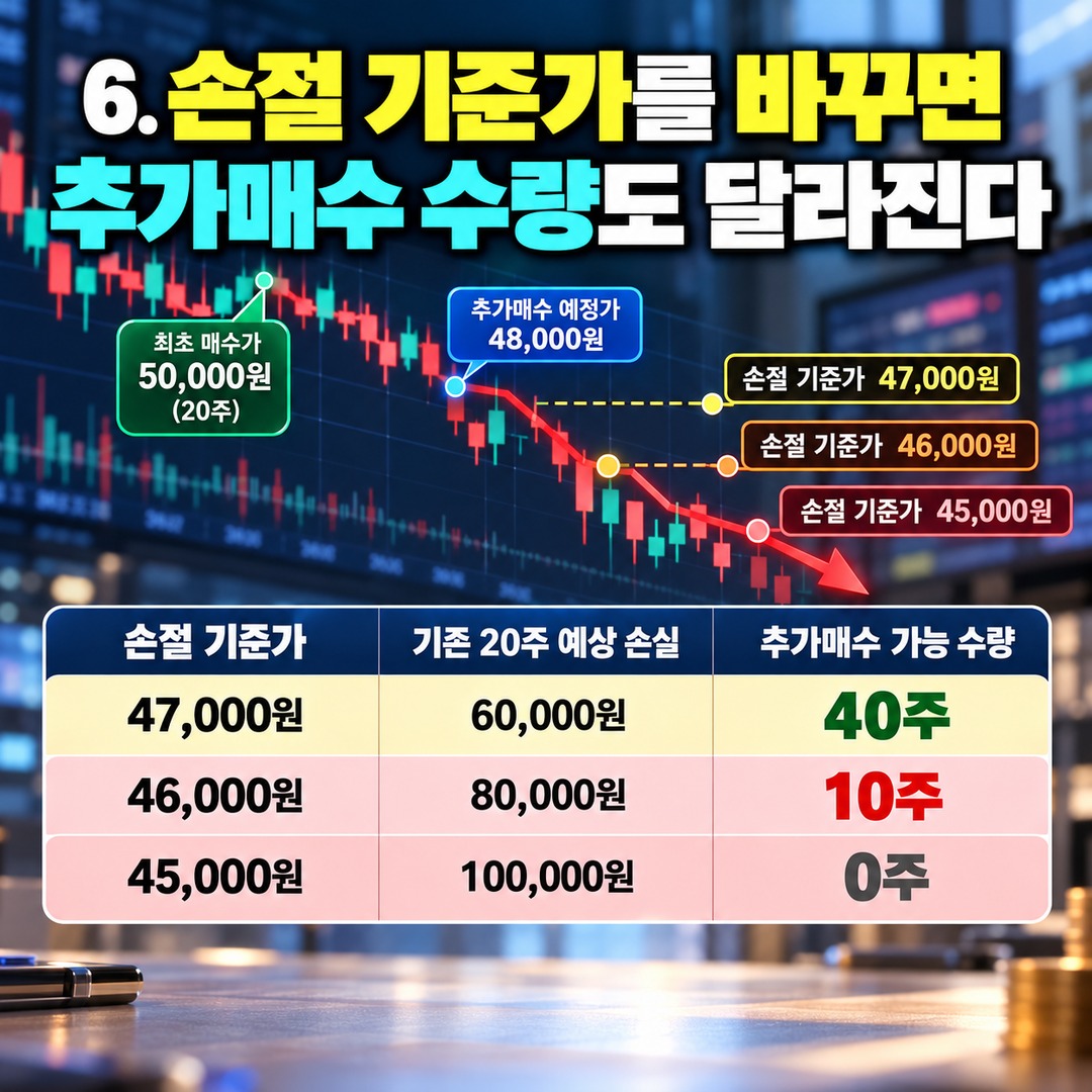 주식 추가매수 몇 주까지 가능할까? 계좌 손실 1% 기준으로 매수 수량 계산하는 방법 - 6. 손절 기준가를 바꾸면 추가매수 수량도 달라진다 핵심 내용을 정리한 정보형 이미지