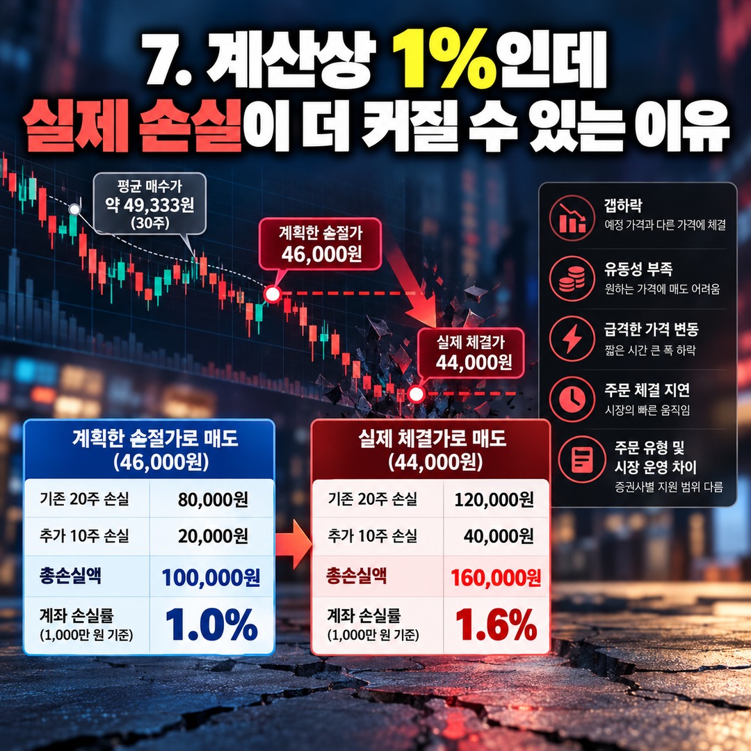 주식 추가매수 몇 주까지 가능할까? 계좌 손실 1% 기준으로 매수 수량 계산하는 방법 - 7. 계산상 1%인데 실제 손실이 더 커질 수 있는 이유 핵심 내용을 정리한 정보형 이미지
