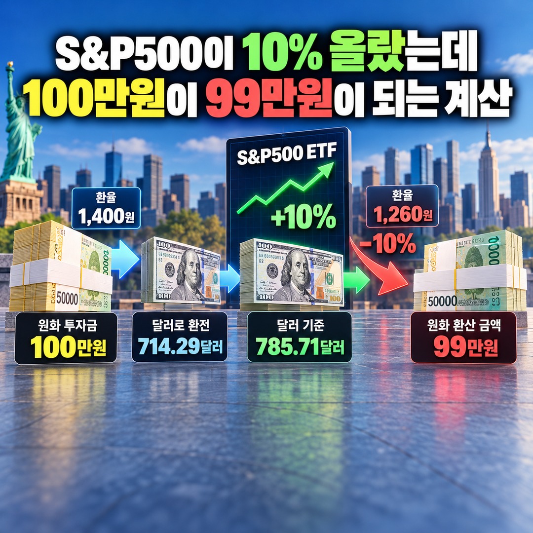 Informational thumbnail explaining why a U.S. S&P500 ETF gaining 10% while the exchange rate falls 10% results in a -1% return in Korean won