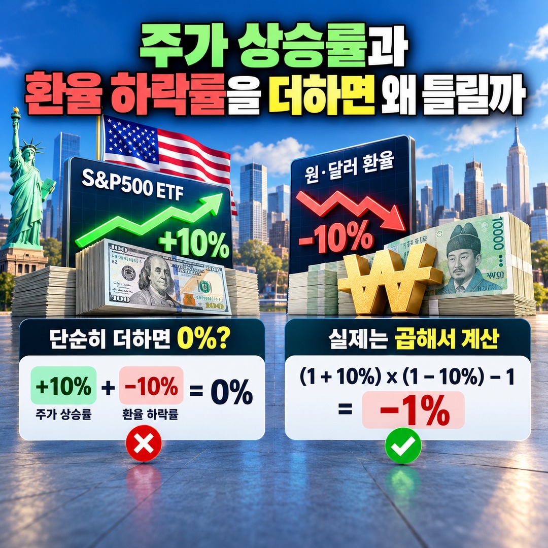 Informational thumbnail explaining why a U.S. S&P500 ETF gaining 10% while the exchange rate falls 10% results in a -1% return in Korean won