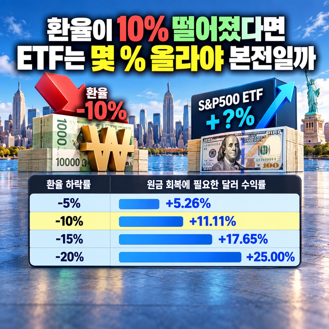 Informational thumbnail explaining why a U.S. S&P500 ETF gaining 10% while the exchange rate falls 10% results in a -1% return in Korean won
