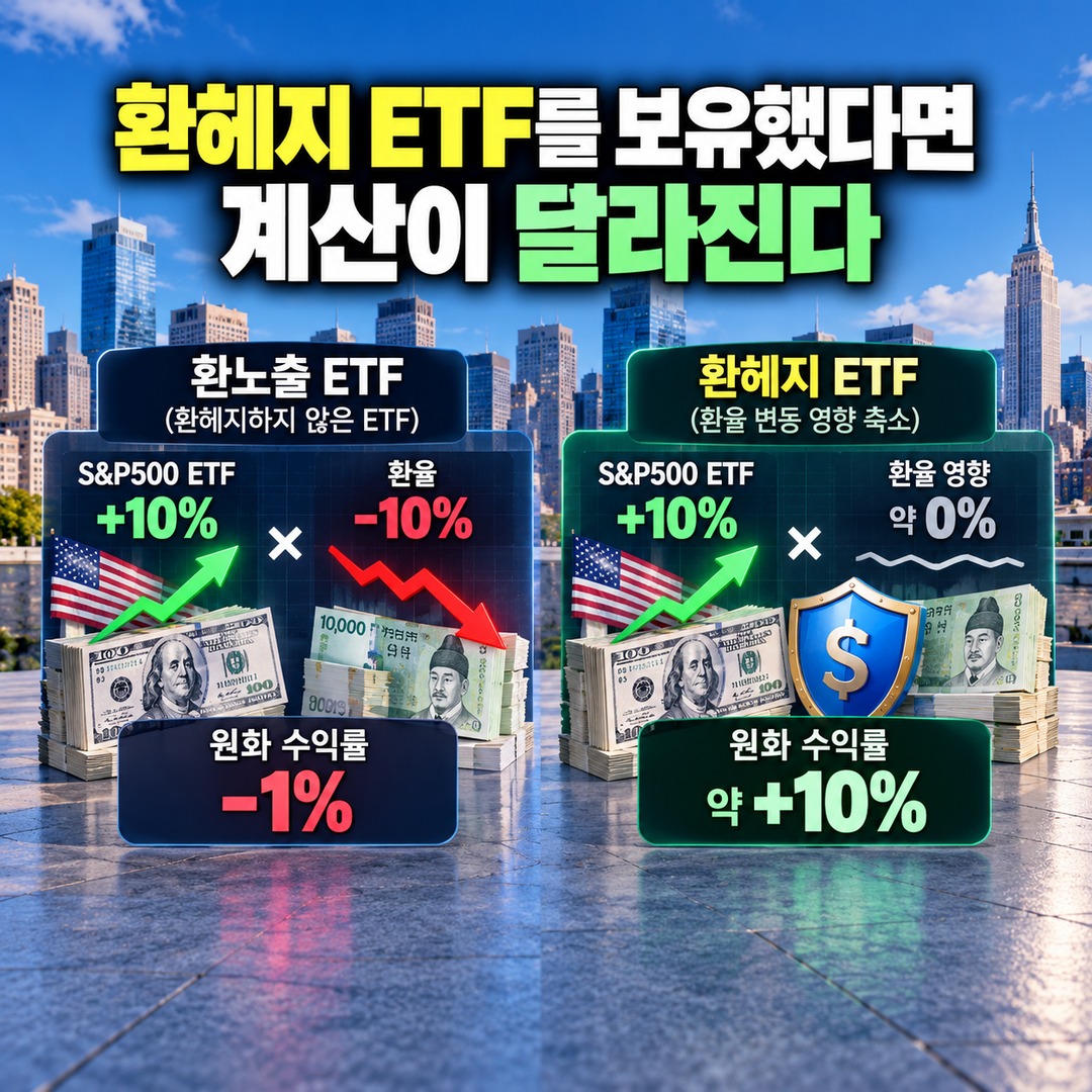 Informational thumbnail explaining why a U.S. S&P500 ETF gaining 10% while the exchange rate falls 10% results in a -1% return in Korean won
