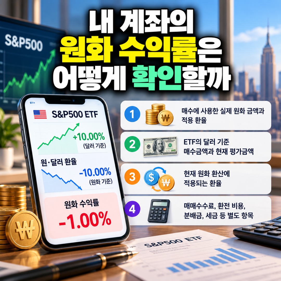 Informational thumbnail explaining why a U.S. S&P500 ETF gaining 10% while the exchange rate falls 10% results in a -1% return in Korean won