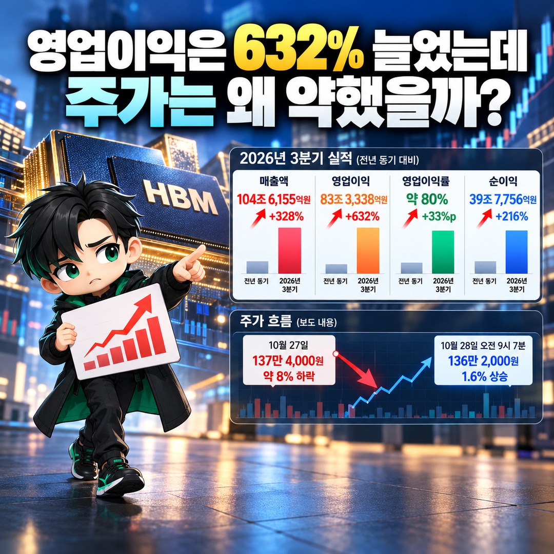 Informational thumbnail highlighting SK hynix's Q3 operating profit exceeding KRW 83 trillion, HBM contracts, investment burdens, and key considerations beyond the share price decl