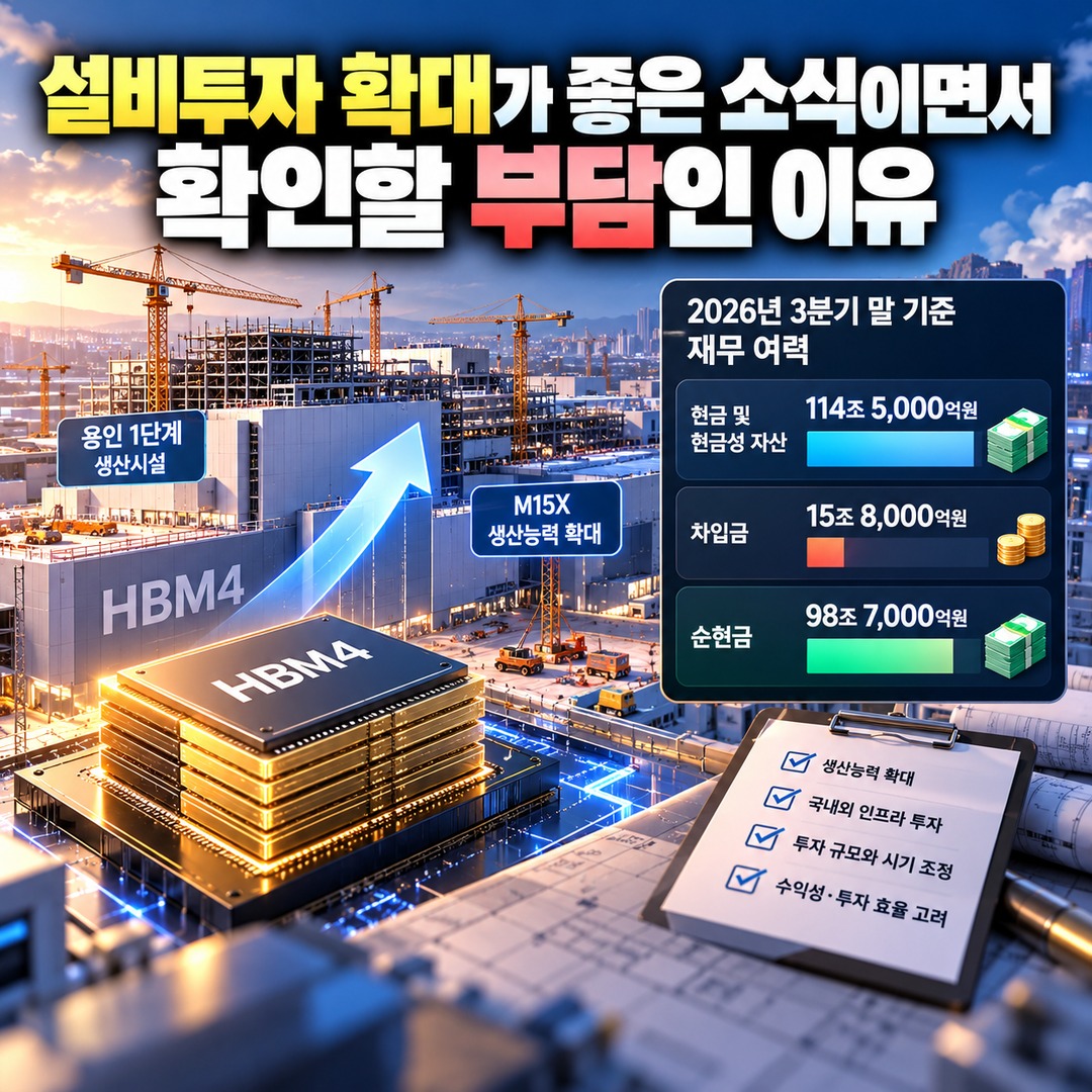 Informational thumbnail highlighting SK hynix's Q3 operating profit exceeding KRW 83 trillion, HBM contracts, investment burdens, and key considerations beyond the share price decl