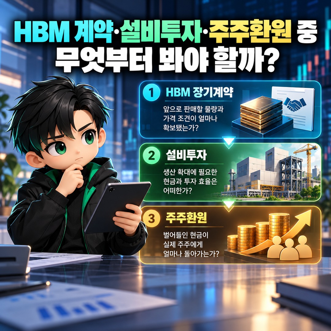 Informational thumbnail highlighting SK hynix's Q3 operating profit exceeding KRW 83 trillion, HBM contracts, investment burdens, and key considerations beyond the share price decl