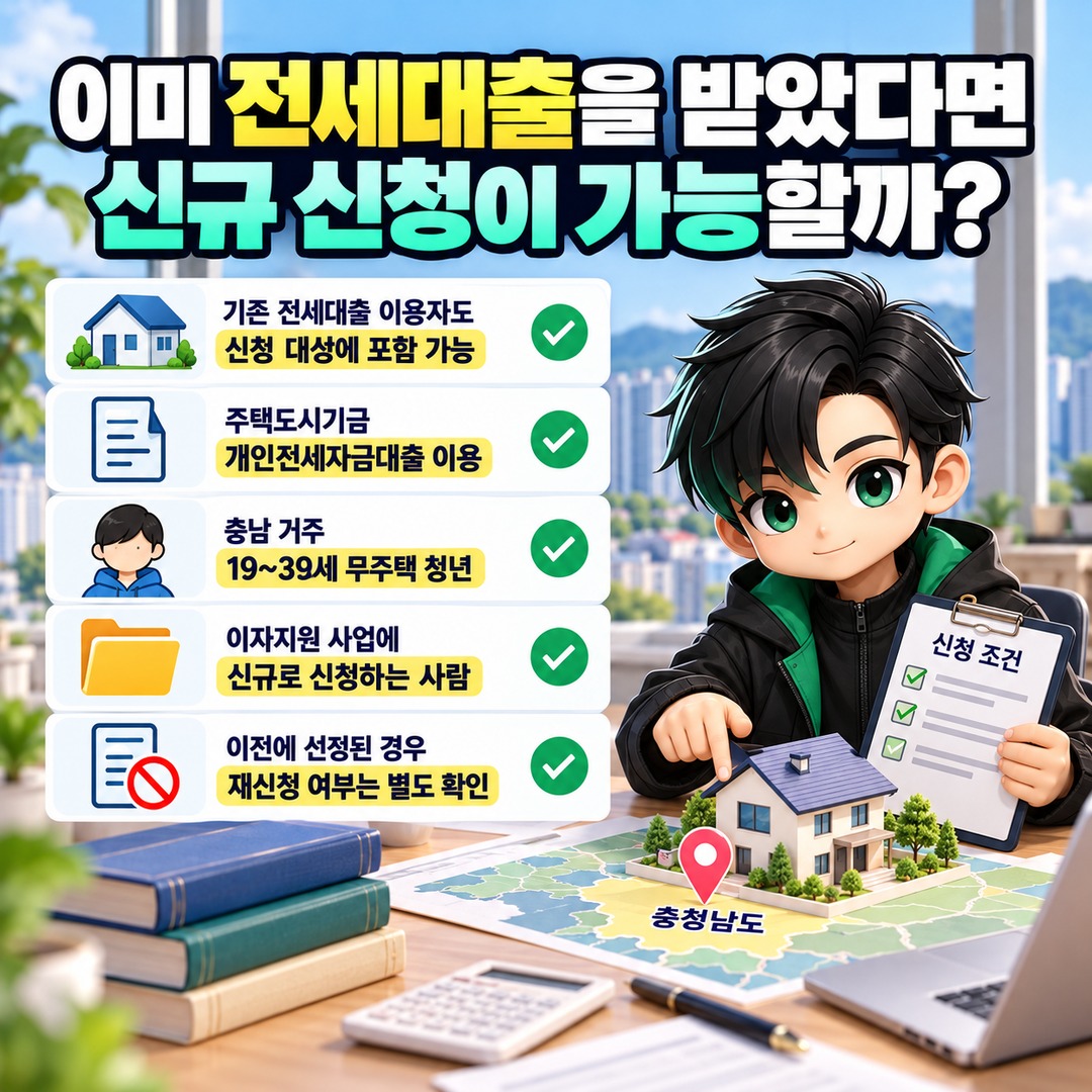 2026 충남 청년 전세대출 이자지원, 이미 대출받았다면 확인할 신청 조건과 10월 30일 마감 - 이미 전세대출을 받았다면 신규 신청이 가능할까? 핵심 내용을 정리한 정보형 이미지