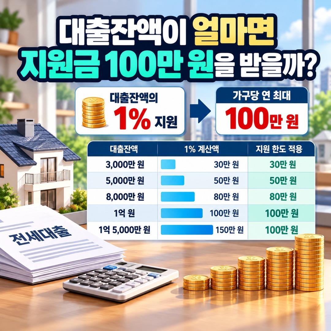 2026 군포시 청년 전월세 대출이자 지원, 기존 대출자는 무엇을 확인해야 하나 - 대출잔액이 얼마면 지원금 100만 원을 받을까? 핵심 내용을 정리한 정보형 이미지