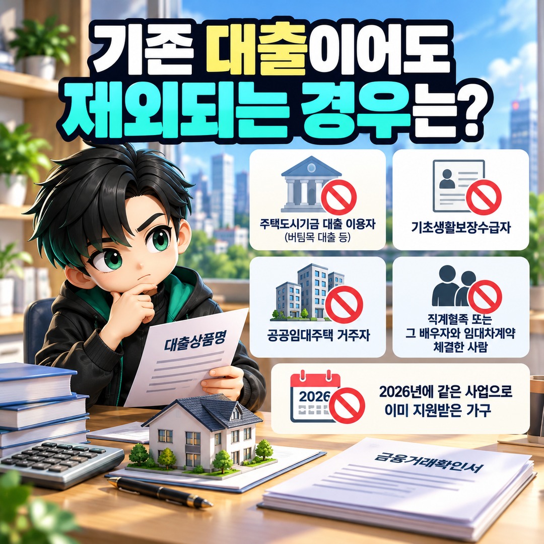 2026 군포시 청년 전월세 대출이자 지원, 기존 대출자는 무엇을 확인해야 하나 - 기존 대출이어도 제외되는 경우는? 핵심 내용을 정리한 정보형 이미지