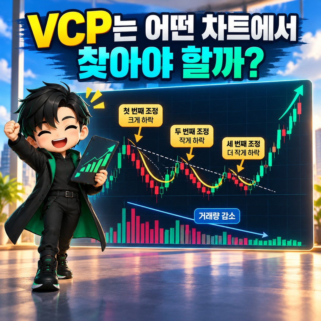 Informational thumbnail illustrating the key points of Minervini’s VCP trading strategy, from breakout entries to stop-losses and profit-taking