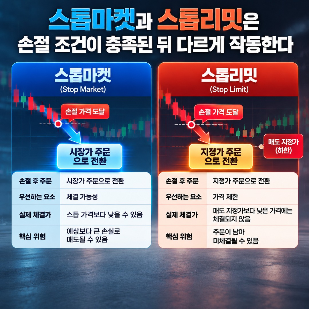 주식 손절 주문, 스톱마켓과 스톱리밋의 차이와 실제 체결가가 달라지는 이유 - 스톱마켓과 스톱리밋은 손절 조건이 충족된 뒤 다르게 작동한다 핵심 내용을 정리한 정보형 이미지