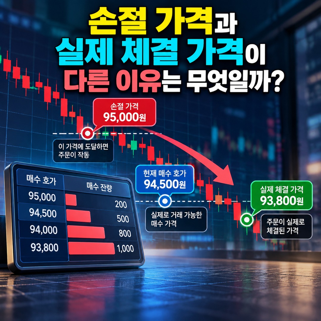주식 손절 주문, 스톱마켓과 스톱리밋의 차이와 실제 체결가가 달라지는 이유 - 손절 가격과 실제 체결 가격이 다른 이유는 무엇일까? 핵심 내용을 정리한 정보형 이미지