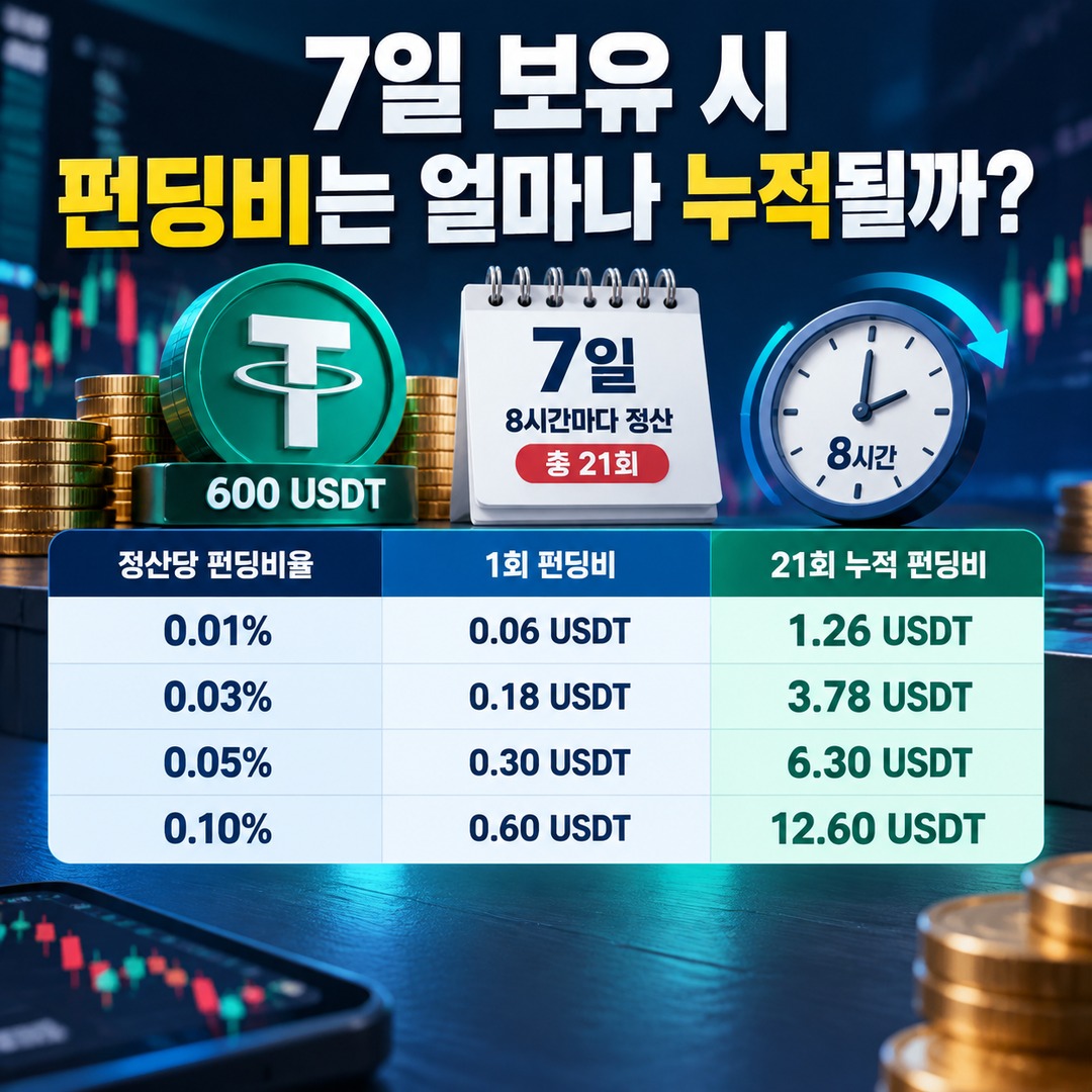 Informational thumbnail highlighting the key points of the article: Crypto Perpetual Futures: How Much Is the Funding Fee for Holding 600 USDT for 7 Days?