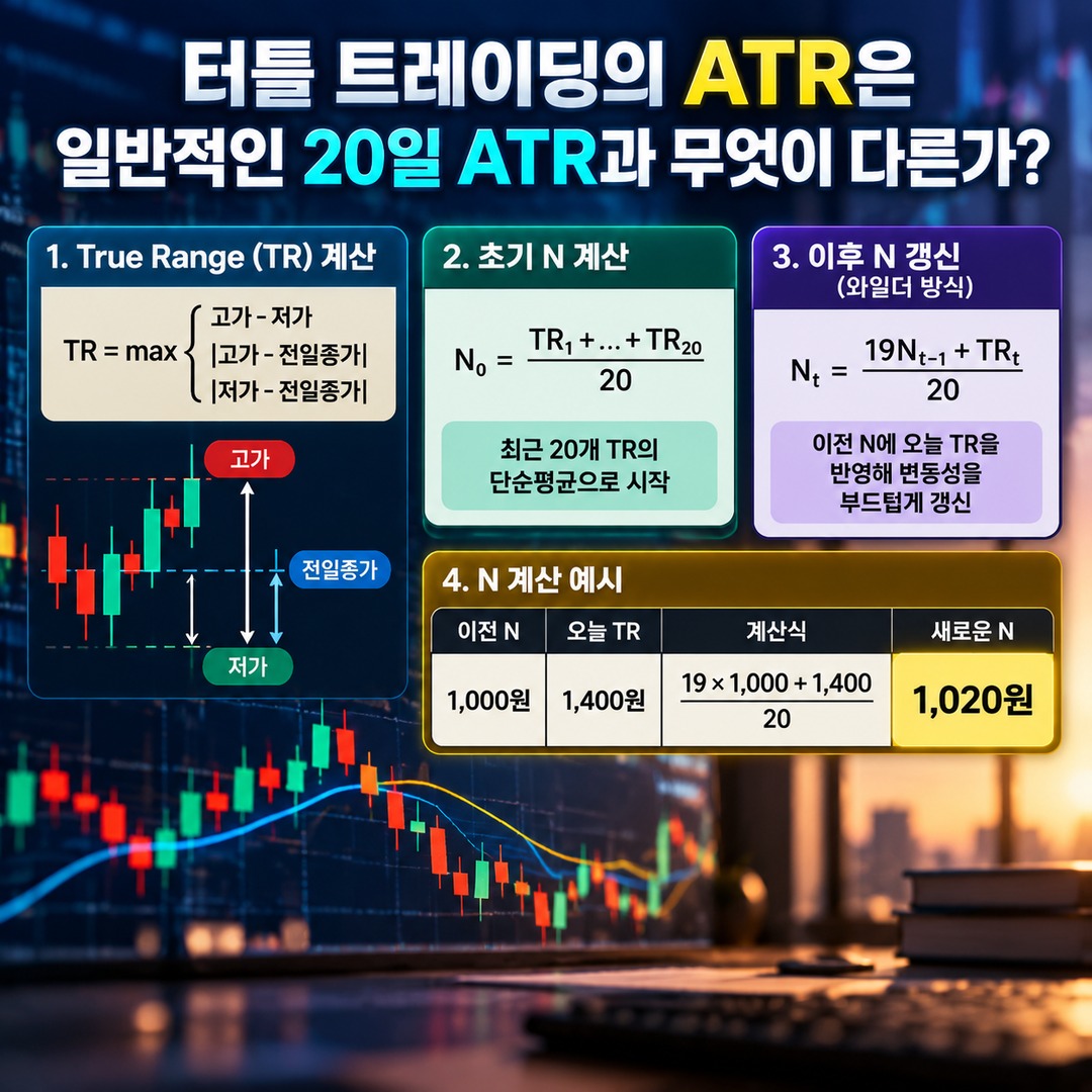 터틀 트레이딩 매매법, 20일·55일 돌파부터 ATR 손절과 포지션 크기까지 계산하는 방법 - 터틀 트레이딩의 ATR은 일반적인 20일 ATR과 무엇이 다른가? 핵심 내용을 정리한 정보형 이미지