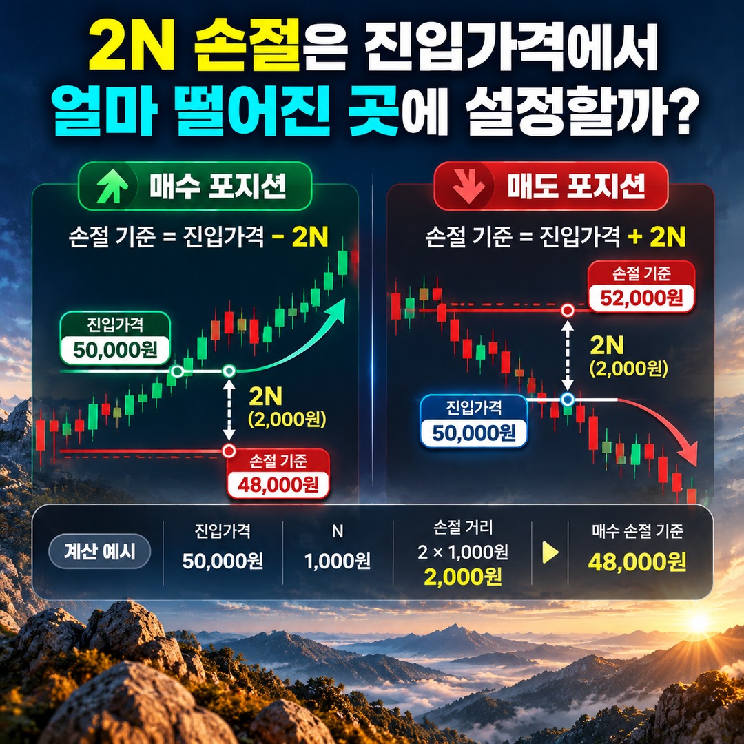 터틀 트레이딩 매매법, 20일·55일 돌파부터 ATR 손절과 포지션 크기까지 계산하는 방법 - 2N 손절은 진입가격에서 얼마 떨어진 곳에 설정할까? 핵심 내용을 정리한 정보형 이미지