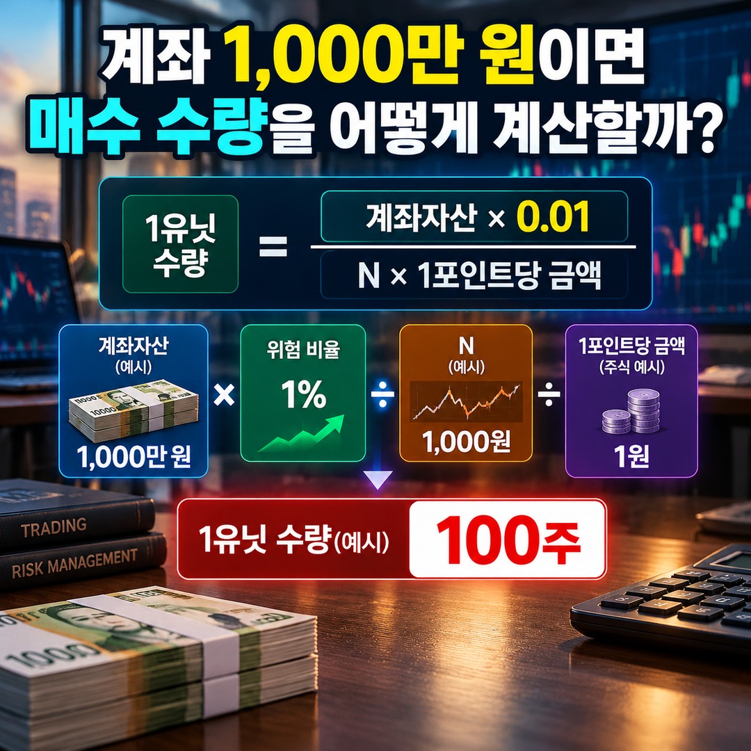 터틀 트레이딩 매매법, 20일·55일 돌파부터 ATR 손절과 포지션 크기까지 계산하는 방법 - 계좌 1,000만 원이면 매수 수량을 어떻게 계산할까? 핵심 내용을 정리한 정보형 이미지