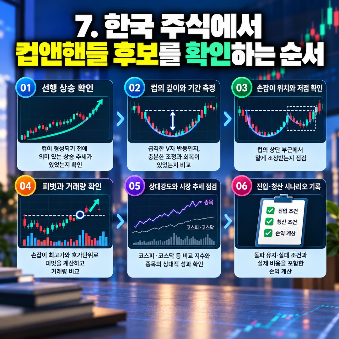 Informational thumbnail highlighting the key points of the cup and handle pattern, whether to buy after a breakout above the handle high, how to calculate the pivot price, and how